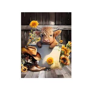 Cute Sunflower Highland Cattle Unframed Canvas Wall Art  24" X 32"